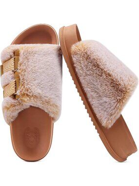 Women's Khaki Soft Cushioned & Adjustable Fuzzy Faux Fur Home Slippers Slides